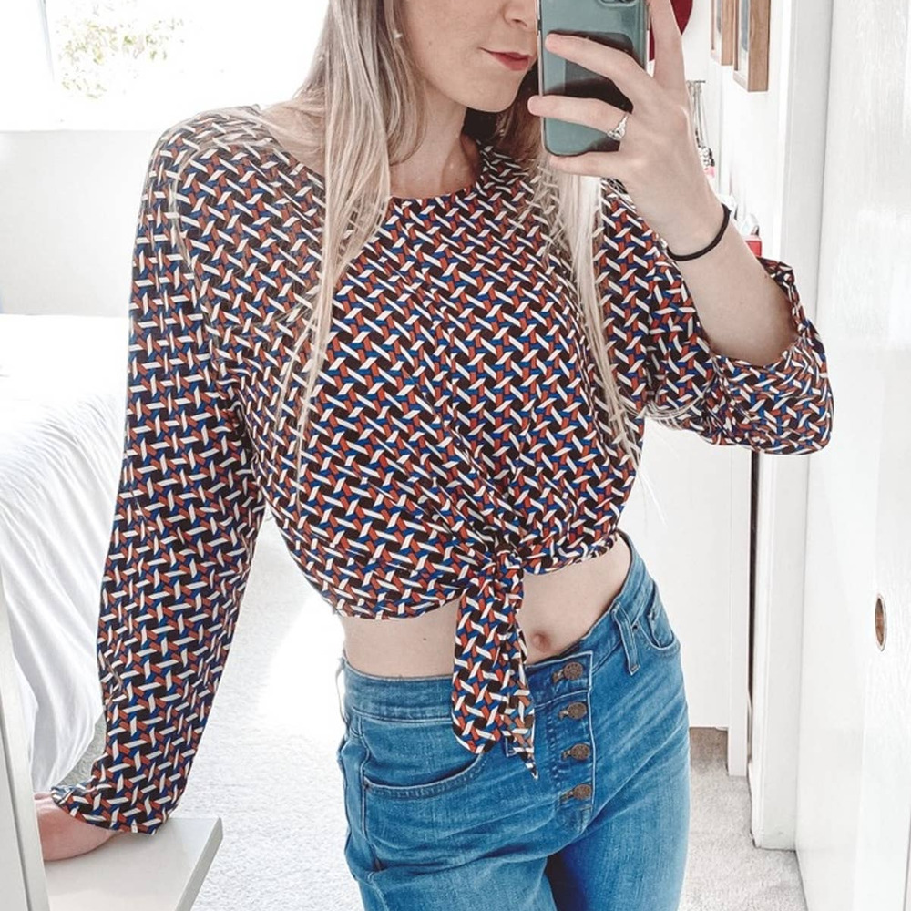 NEW Dress Forum Vintage Retro Print Tie Front Crop Top S Rust Brown Blue